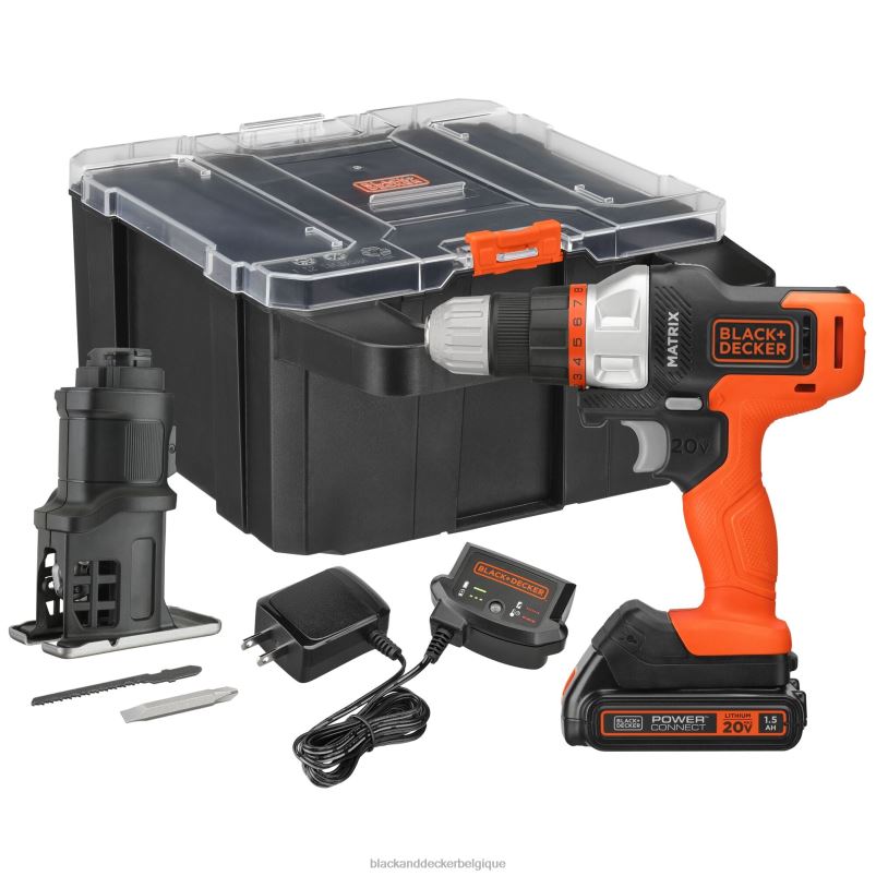 BLACK+DECKER X42D524Le kit de perceuse Matrix 20 V max comprend un étui de rangement pour fixation de scie sauteuse, une batterie et un chargeur. outils