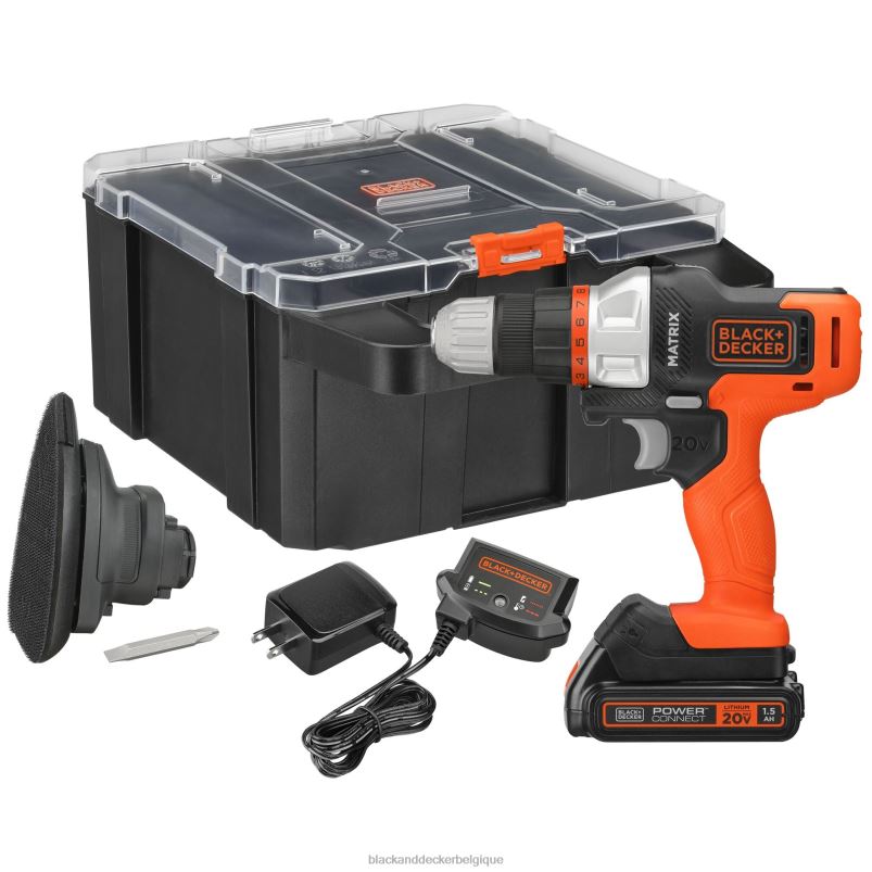 BLACK+DECKER X42D525Le kit de perceuse Matrix 20 V max comprend un étui de rangement pour accessoire de ponceuse, une batterie et un chargeur. outils