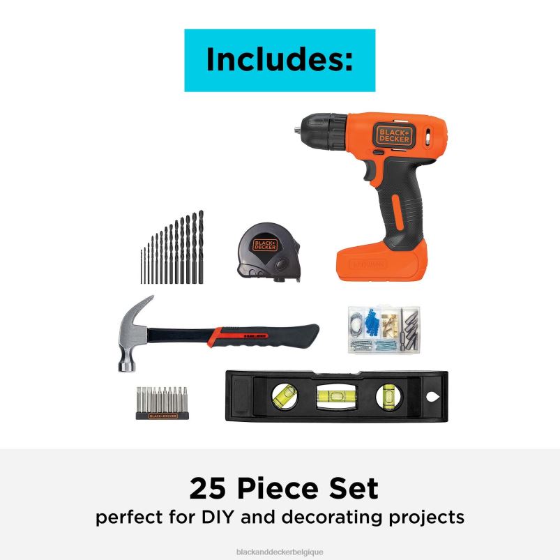 BLACK+DECKER X42D558Le kit de projet prêt à décorer 8 V max comprend une perceuse sans fil et des outils manuels essentiels. outils