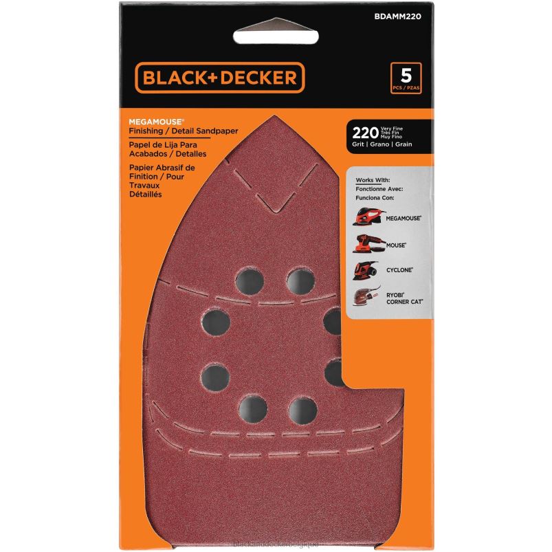 BLACK+DECKER X42D643Papier de verre Mega Mouse 220 g, paquet de 5 outils